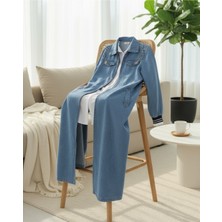 Moda Morfo Omuzu Incili Ribanalı Fermuarlı Uzun Kot Kap -Mavi