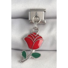 Nil Avm 316L Çelik Gümüş Renk Sallantı Kırmızı Gül Model Charm