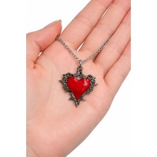 Herşey Nota Gotik Kırmızı Kalp Kolye Gümüş Renk Zincir Unisex Metal Aksesuar