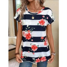 Kadın Gül Desenli Çizgili Süprem Tshirt