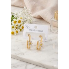 Gold Çelik Dikdörtgen Halka Papatya Figürlü Mineli Kadın Küpe