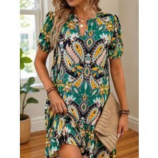 Kadın Kısa Kollu V Yakalı Desenli Kısa Süprem Elbise