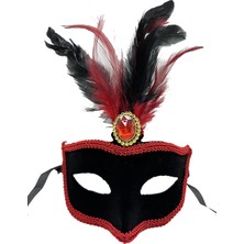 Luord-Store Kırmızı Dantelli Siyah Kırmızı Tüylü Siyah Süet Kaplama Parti Maskesi 17X25 cm