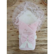 Luord-Store Bal Peteği My Princess Taç Nakış Inci Fiyonklu Dantel Duvaklı Delüks Kundak Bebek Battaniyesi Pembe