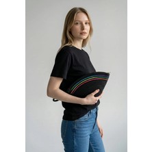 EFW Rome Handmade Hasır Renkli Şerit Detaylı Clutch Siyah Çanta