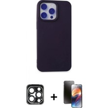Marsilyan™- iPhone 15 Pro Max Kılıf Ahenk Serisi - Siyah 3D Antistatik Mat Seramik Nano Ekran Koruyucu + Lacivert Pvd Metal Kamera Lens