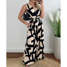 Livizmir Moda Kadın Askılı Kruvaze Yakalı Belden Kuşaklı Uzun Desenli Süprem Tulum