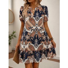 Cotton Lab Cottonlab Kadın Kısa Kollu V Yakalı Desenli Kısa Süprem Elbise