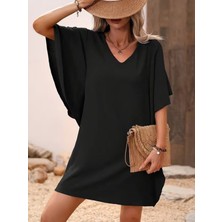 Bi Baksana Kadın Kısa Kollu V Yakalı Yanları Volanlı Kısa Ithal Krep Elbise