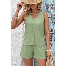 Meğdaix Kadın Askılı Kolsuz V Yakalı Önden Düğmeli Bürümcük Bluz ve Short Ikili Takım