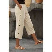 Livizmir Moda Kadın Yüksel Bel Lastikli Yandan Dügme Detaylı Midi Pantolon