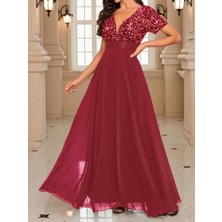 Livizmir Moda Kadın Kısa Kollu Derin V Yakalı A Kesim Pulpayet Detaylı Şifon Nedime Elbisesi