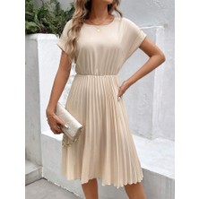 Livizmir Moda Kadın Kısa Kollu Yakası Açık Belden Lastikli Pileli Kısa Ithal Krep Elbise