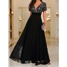 Emh Store Kadın Kısa Kollu Derin V Yakalı A Kesim Pulpayet Detaylı Şifon Nedime Elbisesi