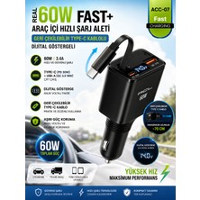 Zoli 60W Hızlı Şarj Araç Içi Şarj Aleti – Geri Çekilebilir Type-C Kablo, Dijital Göstergeli, Pd 30W + Qc 3.0