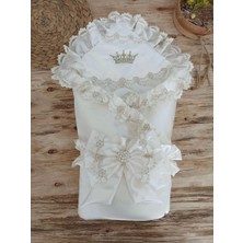 Luord-Store Yenidoğan Harika Nakışlı Trilüks Kundak Bebek Battaniyesi Ekru