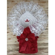 Luord-Store Yenidoğan Saray Kadife Taç Nakışlı Inci Fiyonklu Çift Dantel Duvak Trilüks Kundak Bebek Battaniyesi