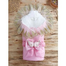 Luord-Store Yenidoğan Shine Kumru Melek Kanat Fiyonklu Gold Dantel Duvaklı Delüks Kundak Bebek Battaniyesi Pemb