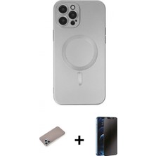 Marsilyan™- iPhone 12 Pro Max Kılıf Akış Minimal Özel Seri - Siyah 3D Antistatik Hayalet Cam Ekran Koruyucu + Sierra Blue Shine Kamera Lens Koruma Cam