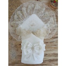 Luord-Store Yenidoğan Sahra Taç Nakışlı Plazma Taşlı Güpürlü Fiyonklu Duvaklı Trilüks Kundak Bebek Battaniyesi