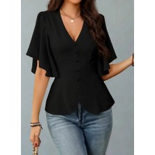 Moda Hayıt Kadın Kısa Kollu Önden Düğmeli Ithal Krep Bluz