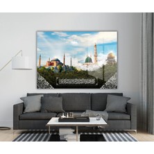Nükte Tasarım Ayasofya, Mekke ve Medine Temalı Yatay Cam Tablo – Islami Hat Yazılı Dekoratif Duvar Tablosu