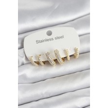 Uravas Store Çelik Gold Renk 6'lı Set Zirkon Taşlı Halka Model Kadın Küpe