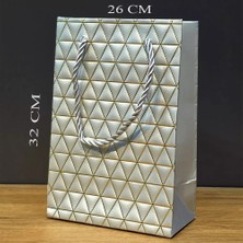 Gümüş Geometrik Desenli Büyük Boy Karton Hediye Çantası Midastech