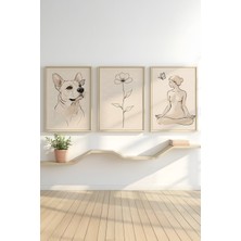 Tontilika Minimal Çizim Köpek, Çiçek ve Meditasyon Figürü 3 Parçalı Ahşap Çerçeveli Tablo Seti