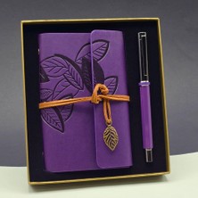 Nemere Yaprak Desenli Mor Deri Defter ve Metal Roller Kalem Seti