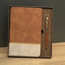 Nemere Taba Rengi Gold Detaylı Termo Deri Defter ve Metal Roller Kalem Hediye Seti