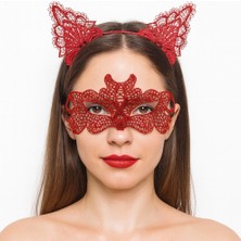 Luord-Store Ateş Kırmızısı Dantel Taç Maske Seti 10 No - Maskeli Balo &amp; Özel Gün Seti