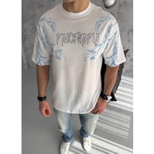 Modenya Unisex Bisiklet Yaka Baskılı Oversize T-Shirt - Beyaz