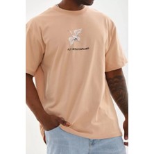 Modenya Unisex Baskılı Oversize T-Shirt - Bej