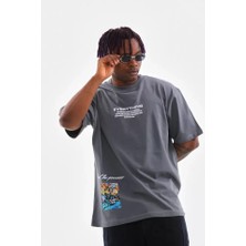 Modenya Unisex Bisiklet Yaka Baskılı Oversize T-Shirt - Gri