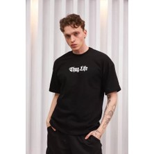 Modenya Unisex Bisiklet Yaka Baskılı Oversize T-Shirt - Siyah