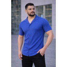 Modenya Erkek Waffle Kumaş Kısa Kollu Düğmeli Açık Yaka Regular Fit Gömlek - Saks Mavisi