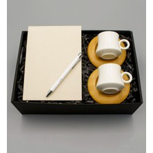 As Gift Kanvas Krem Defter & 2'li Bambu Tabaklı Beyaz Fincan & Beyaz Roller Kalem