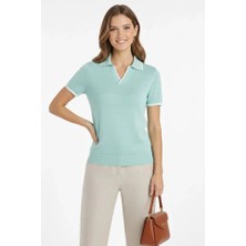 Periliçekeçe Triko Kumaş Yakalı Düğmesiz Açık Yaka Fitilli Kısa Kollu Regular Fit Tişört T-Shirt - Mint Yeşili