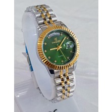 Chaxigo Çelik Kordonlu, Altın Sarılı, Kadranı Yeşil, Takvimli, Su Geçirmez, 2 Yıl Garantili Kadın Kol Saati