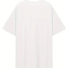 Periliçekeçe Baskılı Oversize Bisiklet Yaka T-Shirt - Beyaz