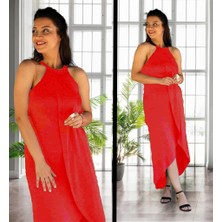 Periliçekeçe Boyun Askılı Eteği Kruvaze Kesim Viskon Kumaş Elbise