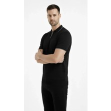 Modenya Erkek Triko Kumaş Yakalı Düğmesiz Açık Yaka Fitilli Kısa Kollu Regular Fit Tişört T-Shirt - Siyah