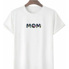 Modenya Anneler Gününe Özel Tasarım Mom Çiçek Baskılı T-Shirt - Beyaz