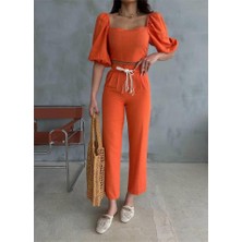Periliçekeçe Keten Crop Karpuz Kol Bluz-Pantolon Hasır Kemerli - Orange