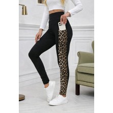 Modenya Kadın Yüksek Bel Cep Detaylı Leopar Desenli Dalgıç Tayt