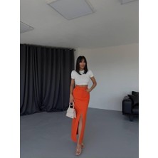 Periliçekeçe Gabardin Uzun Önden Yırtmaçlı Etek - Turuncu