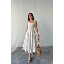 Periliçekeçe Simli Çizgili Askılı Elbise Midi Boy - Kahverengi