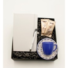 As Gift Beyaz Defter & Desenli Mavi Fincan & Beyaz Roller Kalem & Mehmet Efendi Türk Kahvesi Hediye Seti