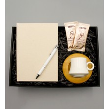 As Gift Kanvas Krem Defter & Bambu Tabaklı Beyaz Fincan & Beyaz Roller Kalem & Mehmet Efendi Türk Kahvesi Hediye Seti